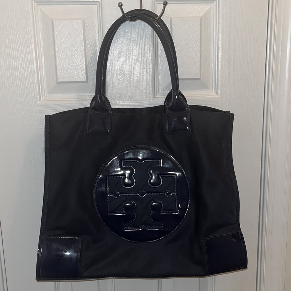 Tory Burch “Ella” large navy tote bag.